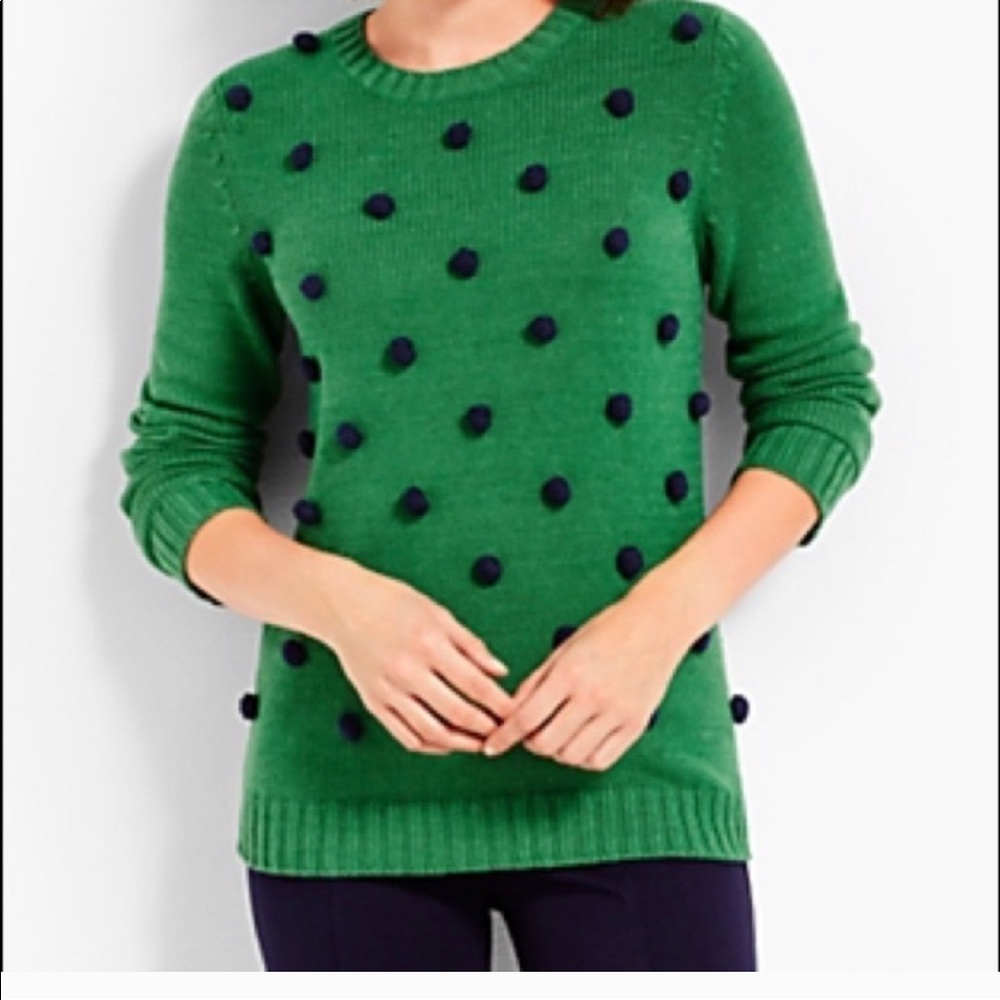 Talbots- green sweater with pompoms